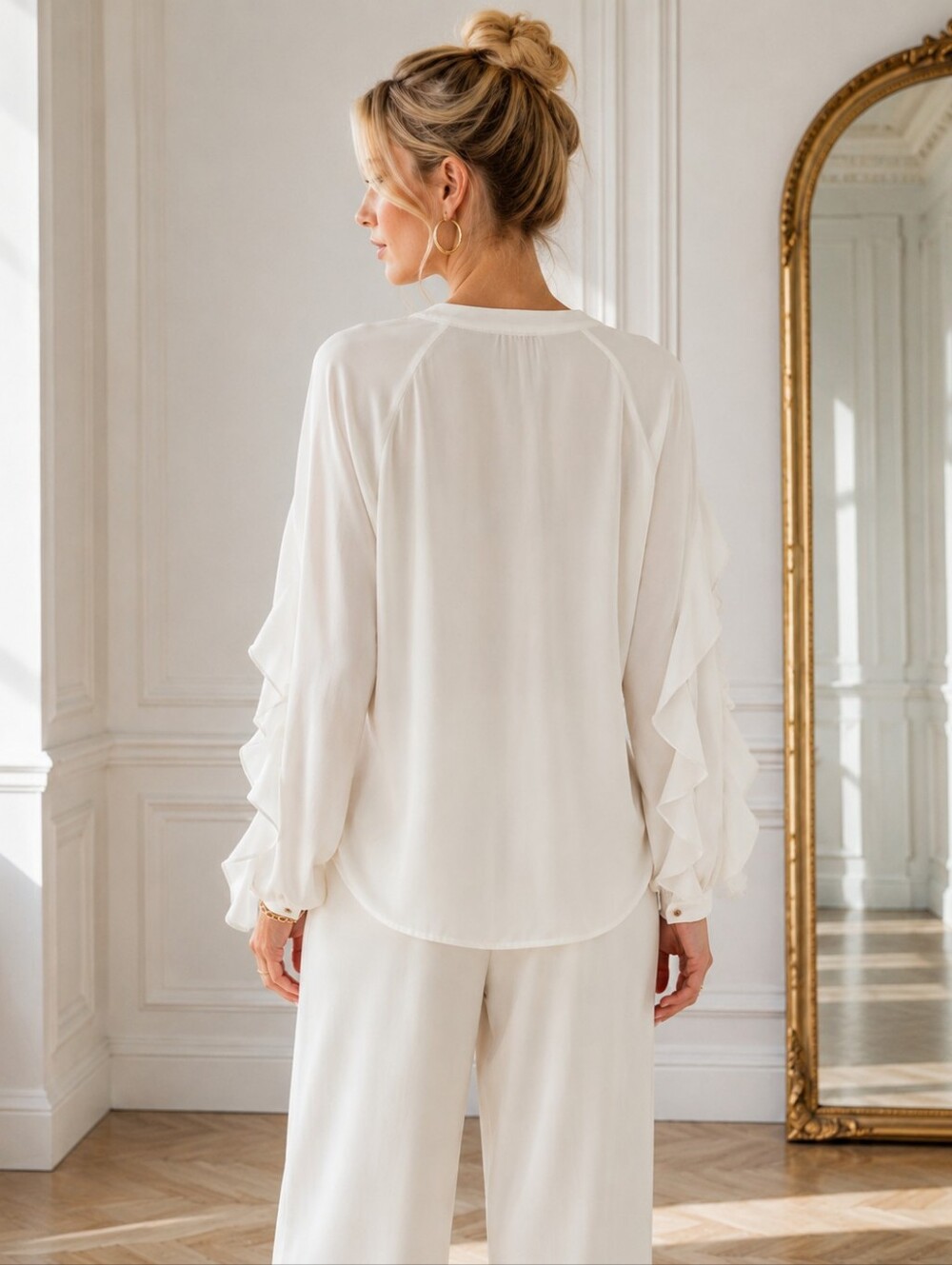 Ivanka Trump Ivory Ruffle Sleeve Blouse | Size XL | Elegant Tie Neck Top - Picture 2 of 8